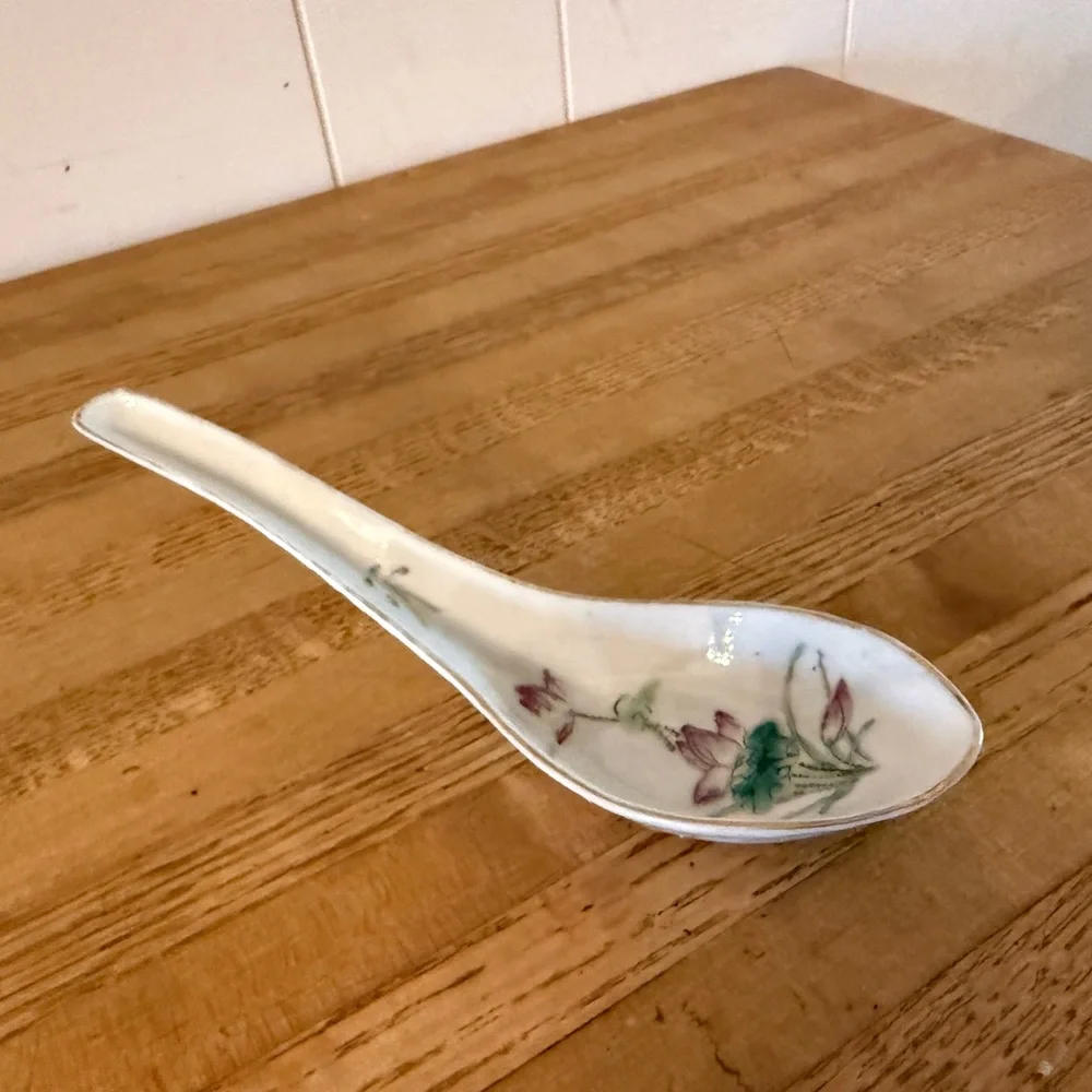 Porcelain Chinese Vintage Hand Painted Floral Soup Spoon